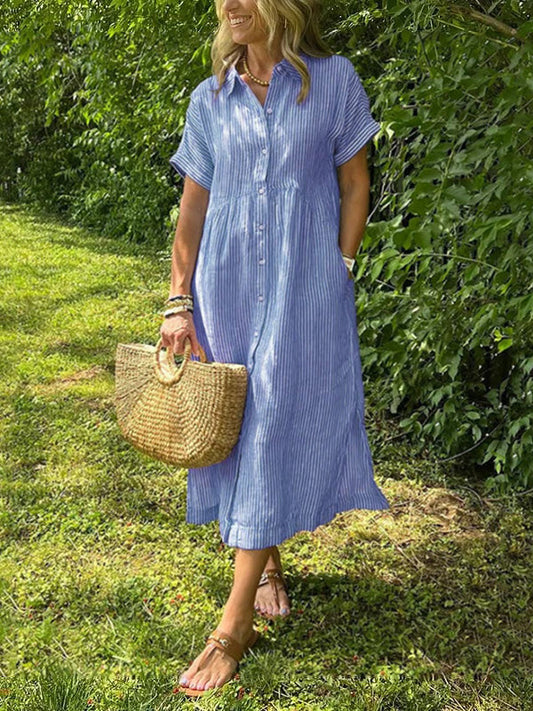 💃Letzter Tag des Ausverkaufs - 50% RABATT💞Gestreiftes langes Blusenkleid mit V-Ausschnitt und Kragen für Damen