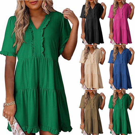 🌸2025 Zeitlich begrenzter Verkauf – 50 % Rabatt🌸👚Damen-Stufenkleid mit Rüschenbesatz und V-Ausschnitt