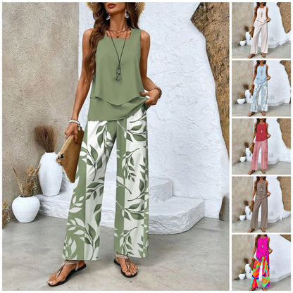 💃Muttertag-Hot-Sale 50% Rabatt🌺Damen Trendy Print 2 Stück Outfits ärmelloses Top & Hose