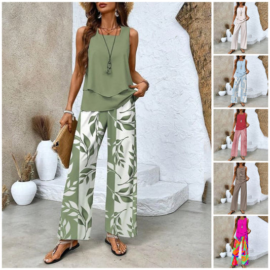 💃Muttertag-Hot-Sale 50% Rabatt🌺Damen Trendy Print 2 Stück Outfits ärmelloses Top & Hose
