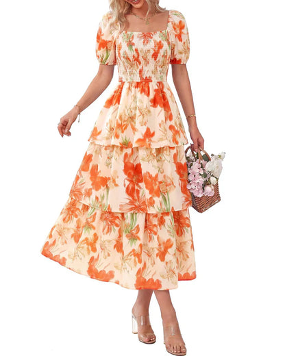 🔥Letzter Tag – 60 % Rabatt💃Damen Blumenkleid mit eckigem Ausschnitt & Puffärmeln🌸
