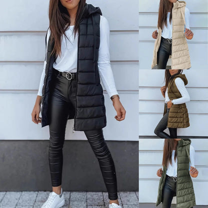 ⏰50 % RABATT🔥Lange Daunenweste für Damen 👗 | Einfarbig | Ärmellos | Mit Kapuze | Winterkleidung 💕