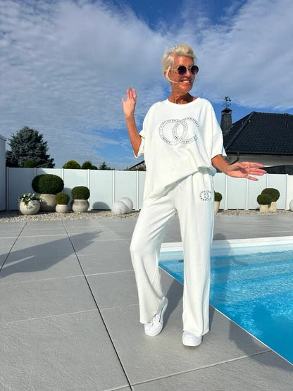 🌻Sommer-Hot-Sale - 50% Rabatt🌸Lässiges zweiteiliges Set für Frauen, einfarbiger Pullover und lockere Hose