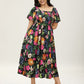 ⏰ Sommer Hot Verkauf 70% Aus💃Blumen Räuchertes Quadrathals Midi Kleid mit Taschen