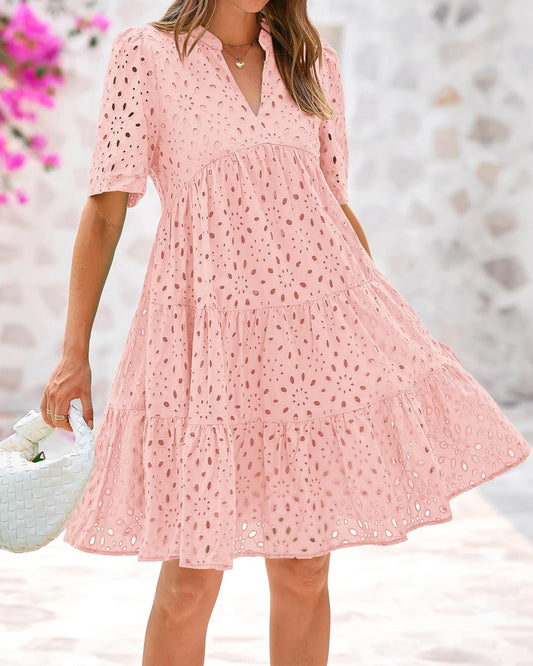 💕2025 Sommer Heißer Verkauf 50% Rabatt💕lässiges Minikleid mit ausgehöhlter Spitze und Rüschen für Damen💃