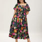 ⏰ Sommer Hot Verkauf 70% Aus💃Blumen Räuchertes Quadrathals Midi Kleid mit Taschen