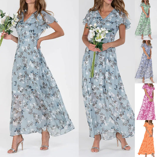 🌺Sommer Heißer Verkauf 49% Rabatt🍃Kurzärmeliges langes Kleid mit Blumendruck👗