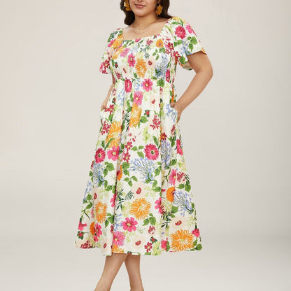 ⏰ Sommer Hot Verkauf 70% Aus💃Blumen Räuchertes Quadrathals Midi Kleid mit Taschen