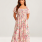 ⏰ Sommer Hot Verkauf 70% Aus💃Blumen Räuchertes Quadrathals Midi Kleid mit Taschen