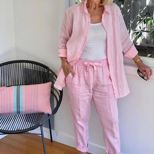 🍃Frühling Vorverkauf 49% Rabatt🍃Set aus langärmliger Bluse und Hose aus Baumwollleinen für Damen