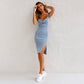 🌷Frühling Vorverkauf 49% Rabatt🍃Denim U-Ausschnitt Neckholder-Kleid mit Schlitz und verstellbaren Schulterträgern