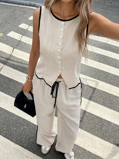 💓Letzter Tag 60% Rabatt🌺Zweiteiliges Damen-Set aus ärmellosem Tanktop mit Kontrasteinfassung und Hose mit Kordelzug