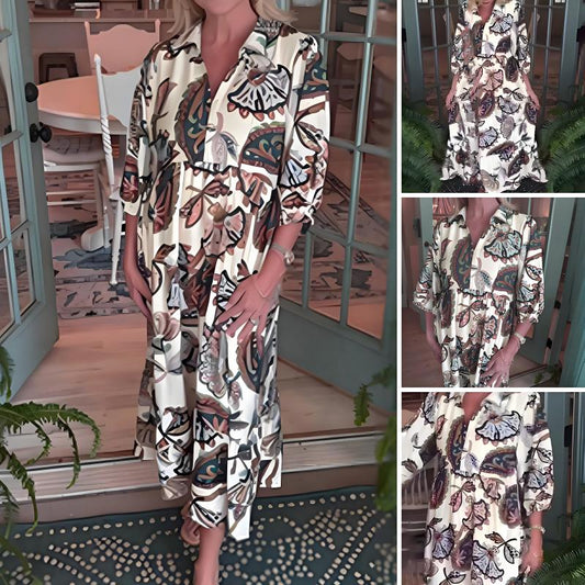 ☀️Sommer-Hot-Sale - 50% Rabatt❤️Lockeres Damen-Kleid mit Vintage-Print und V-Ausschnitt