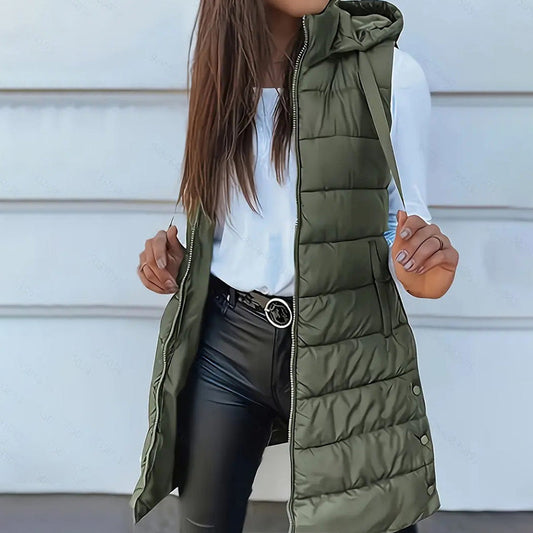 ⏰50 % RABATT🔥Lange Daunenweste für Damen 👗 | Einfarbig | Ärmellos | Mit Kapuze | Winterkleidung 💕