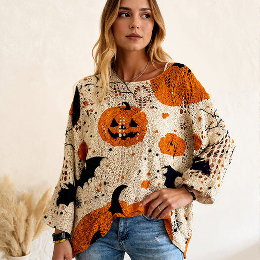 🎁🎃Halloween-Sonderangebot mit 50 % Rabatt💓Lockerer Halloween-Strickpullover für Damen mit Fledermausärmeln