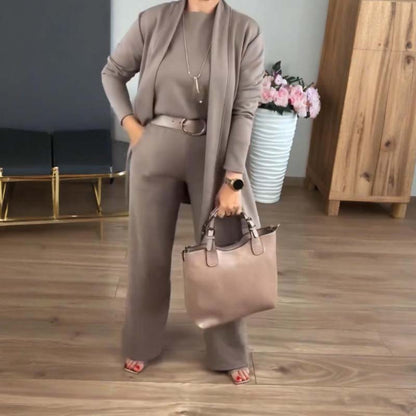 🎁Weihnachtsverkauf 50 % Rabatt🍁Elegantes 3-teiliges Set aus langem Cardigan, Oberteil und Hose