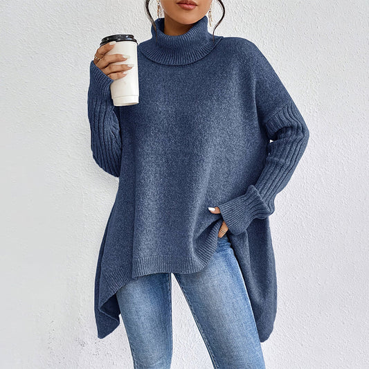 🏆Letzter Tagesverkauf, 50 % RABATT!!💖Modischer Damenpullover in Volltonfarbe mit überschnittener Schulter, hohem Halsausschnitt und grobem Strick