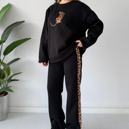 🔥Neujahrsgeschenk – 50% RABATT!💓Damen 2-teiliges Casual-Set (mit Leopardenprint-Akzent) – Oversized & Bequem: Nie wieder Outfit-Stress!
